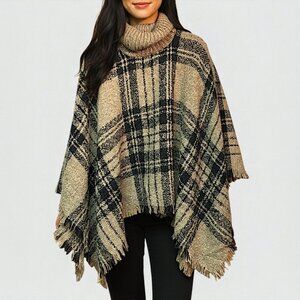 Poncho Cape – Knitted Faux Cashmere Pullover Sweater, Turtleneck Cardigan OSM